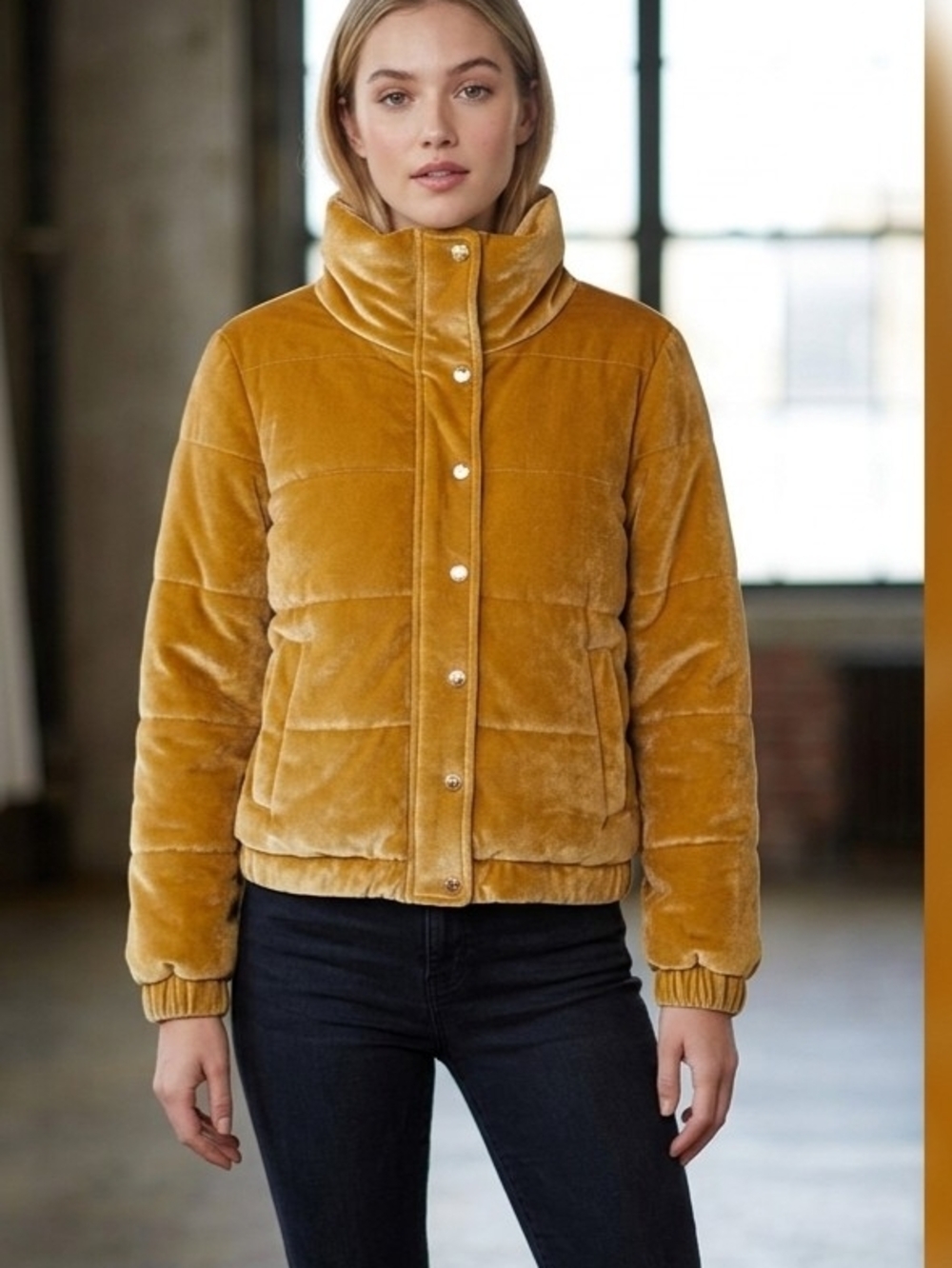Andrew Marc Gold Velvet Puffer Jacket Size Small NWOT